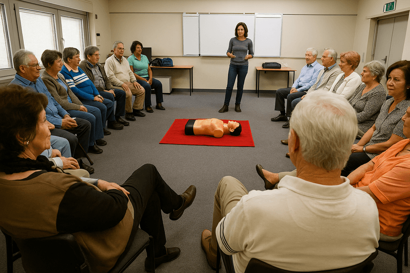 First Aid at Work Course for Instructors with elderly participants seated in a circle observing a CPR demonstration using a mannequin