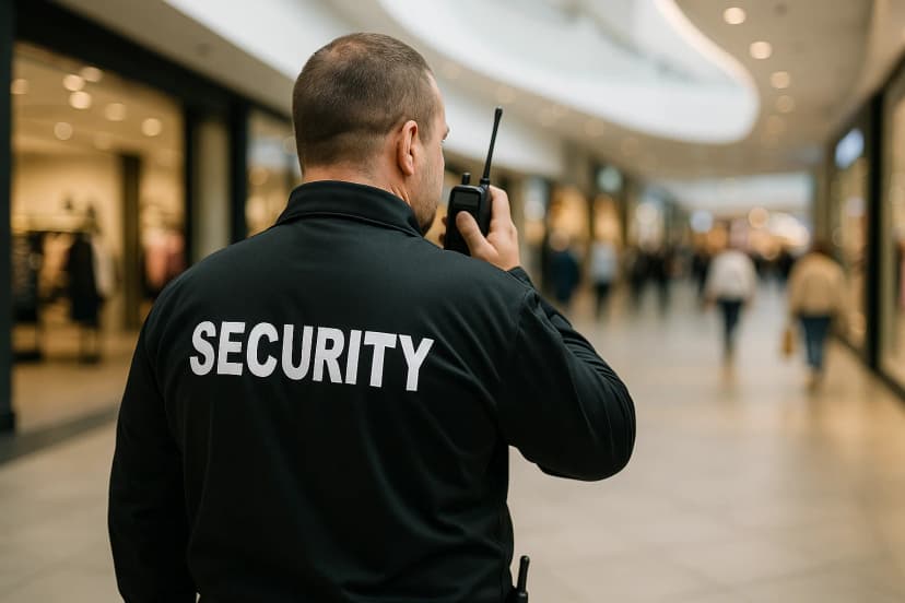 UK-based door supervisor on duty with walkie-talkie during SIA Refresher Course in shopping mall