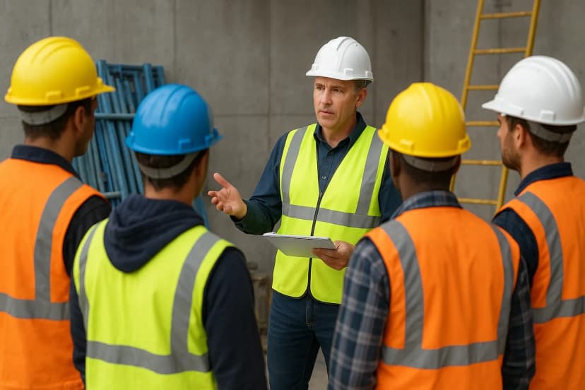 Construction workers receiving IOSH Working Safely training from a site supervisor during a safety briefing.